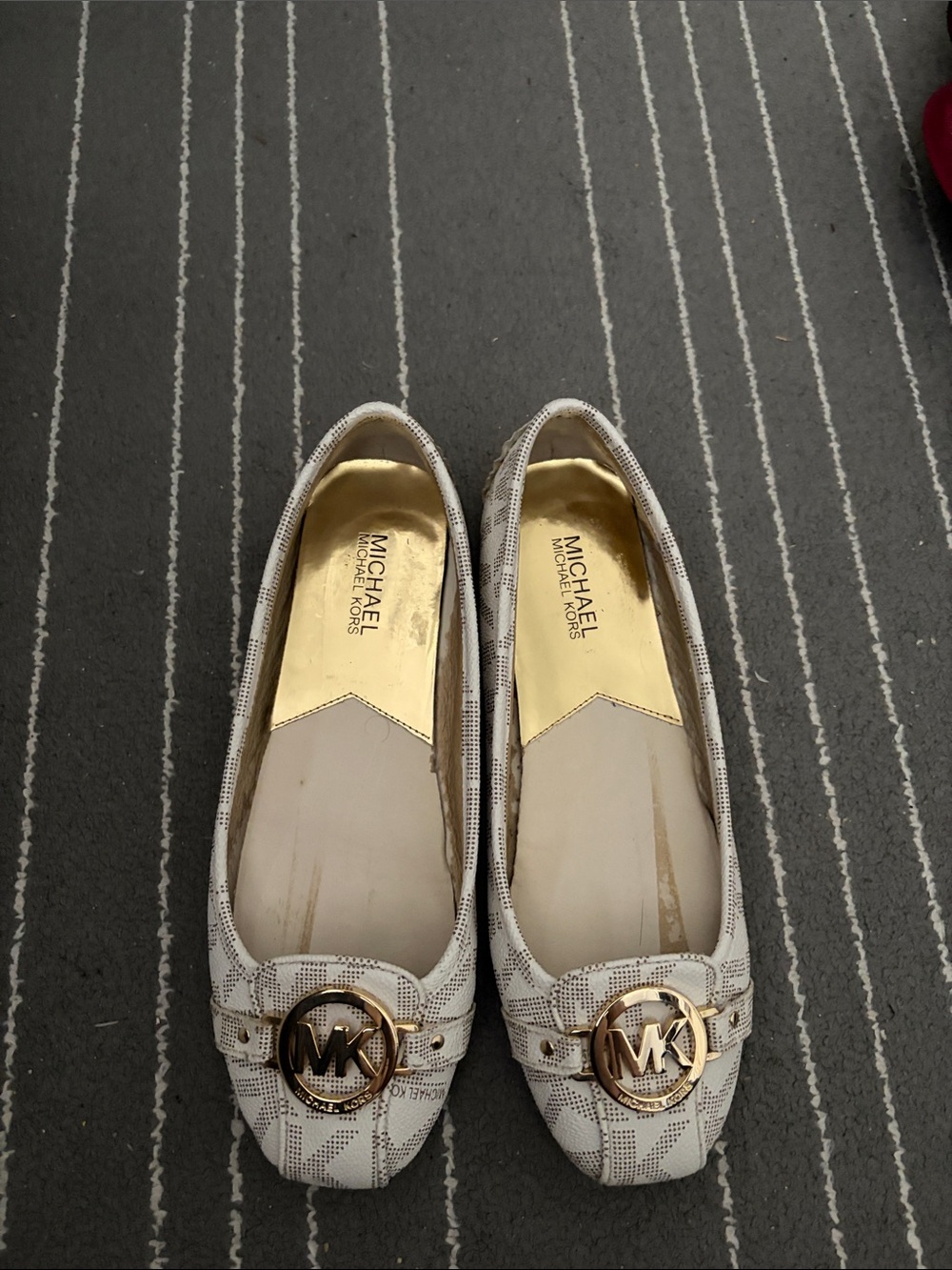 Michael Kors Cream Logo-Print Ballet Flats with Gold MK Medallion